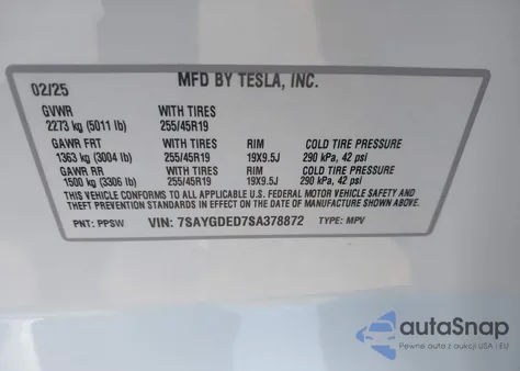 2025 Tesla Model Y Long Range Dual Motor All-Wheel Drive from USA, damaged, VIN 7SAYGDED7SA378872